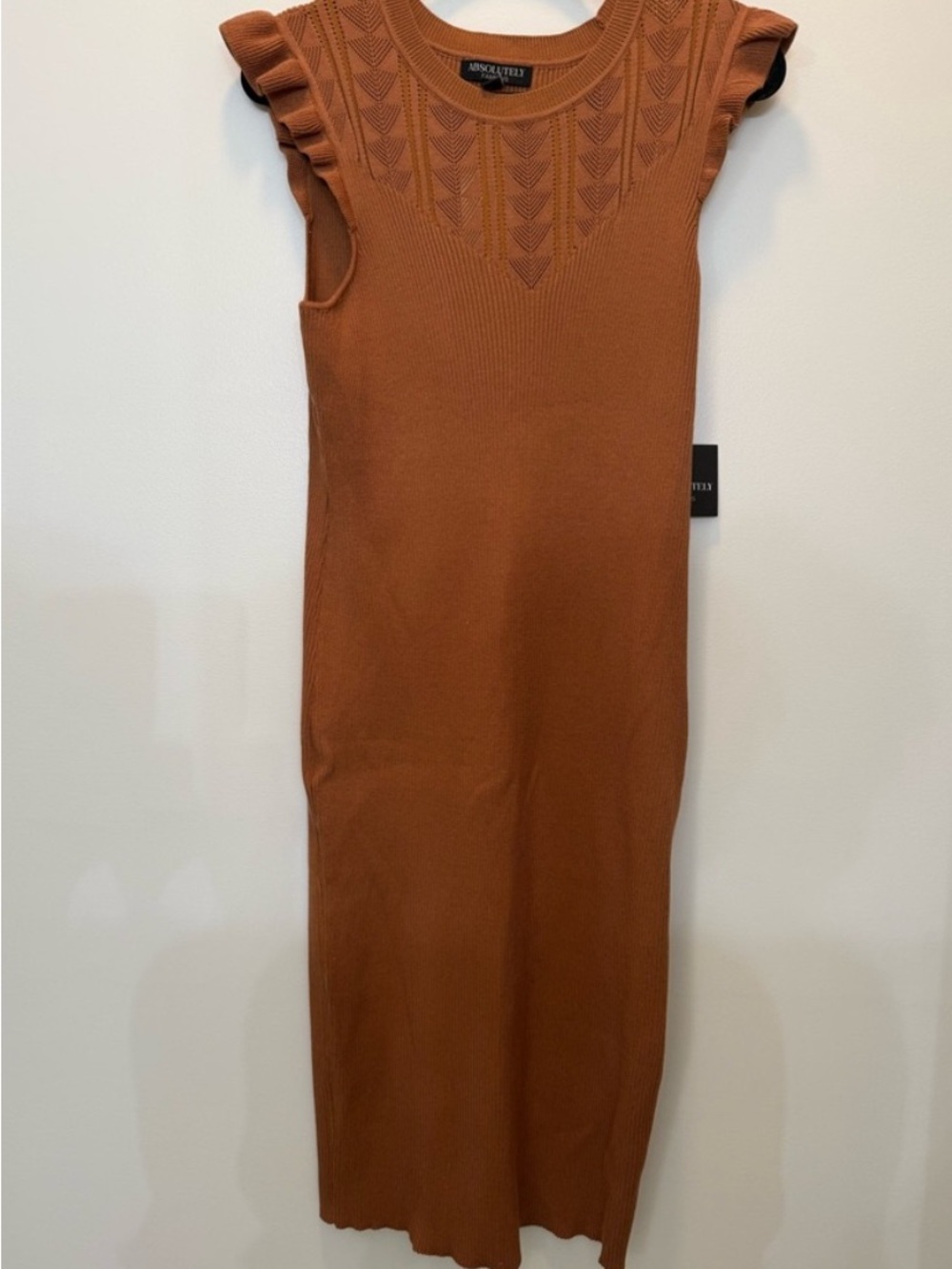 Absolutely Famous Brown Ribbed Knit Midi Dress with Eyelet Detail